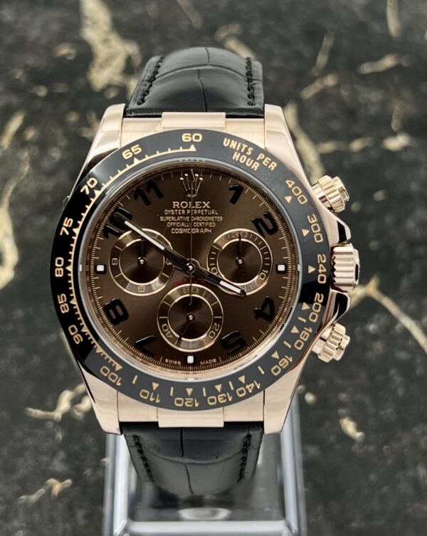 Rolex Daytona Rose Gold Leather Strap Choco Racing Dial XELOR Watches