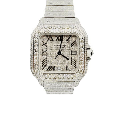 Cartier Santos - New - Iced Out - Large - Roman Pave Dial - Big Stones