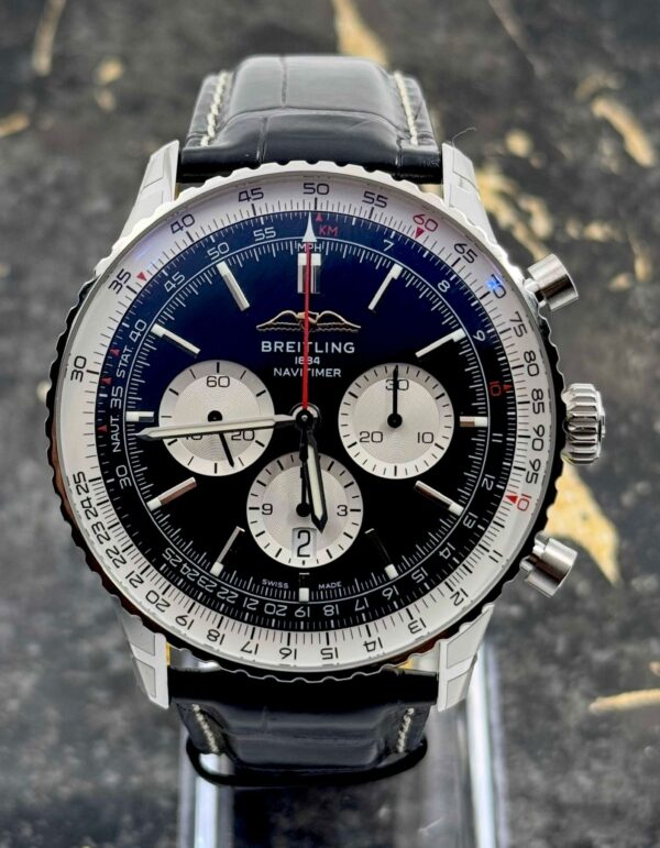 Breitling Navitimer B01 Chronograph 46mm - Black Dial - Black Leather Strap - AB0137211B1P1 - New 2025